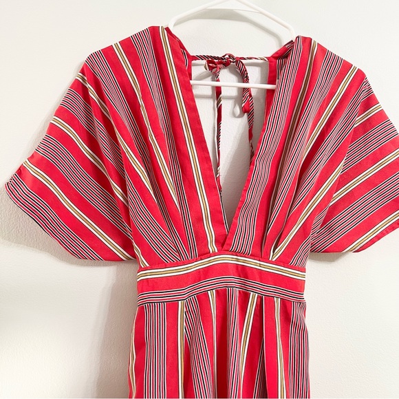 Favlux Fashion Red Striped Deep V Neck Peekaboo Back Tie Around Mini Dress Small - Picture 5 of 9